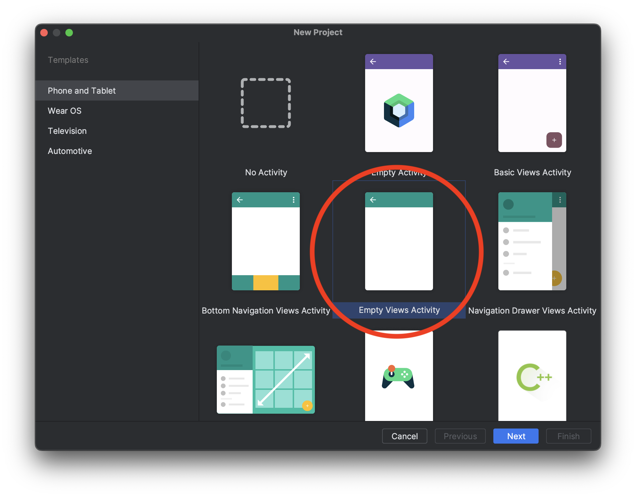 Android Studio Template Selection